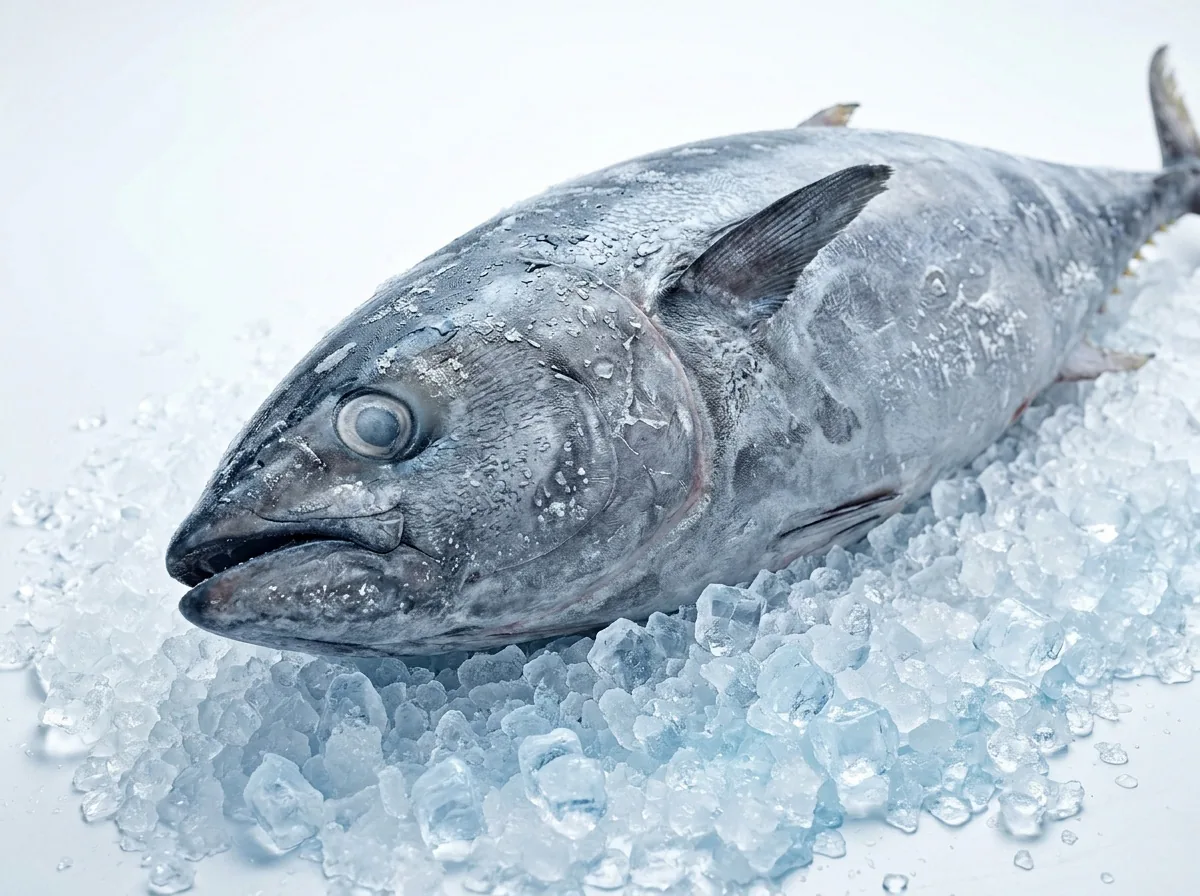 Atún congelado entero sobre hielo picado