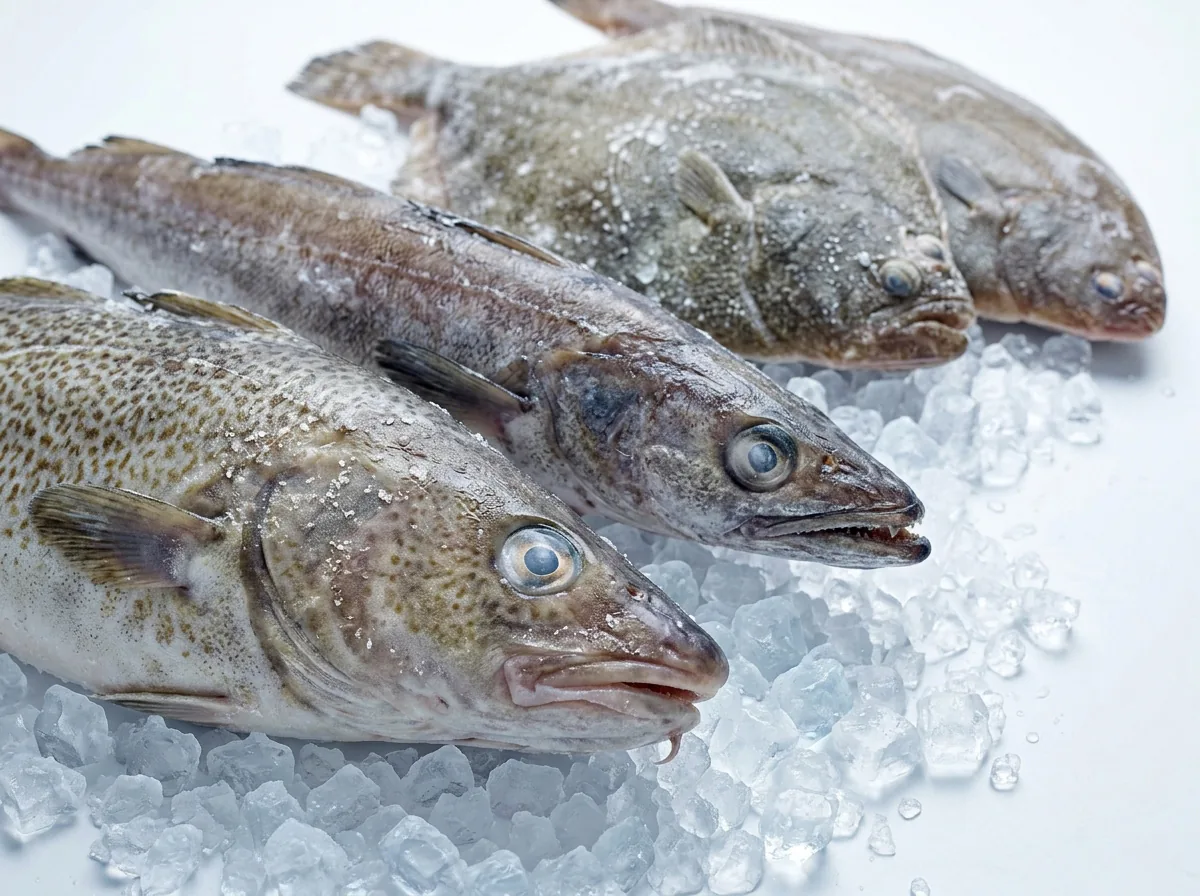 Pescado blanco congelado sobre hielo picado