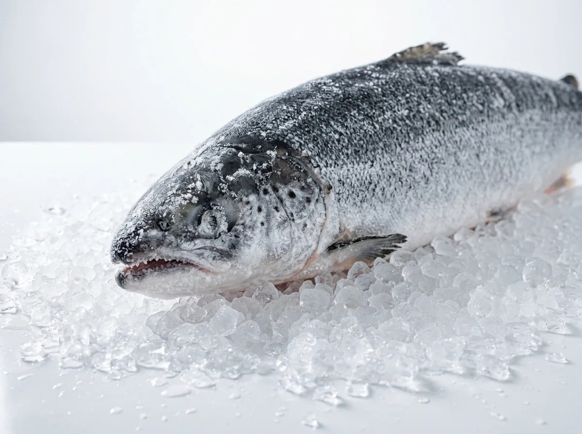 Salmón congelado entero sobre hielo picado